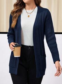 EMERY ROSE Women's Textured Knit Cardigan With Front Pockets, Long Sleeve - Royal Blue - View 5