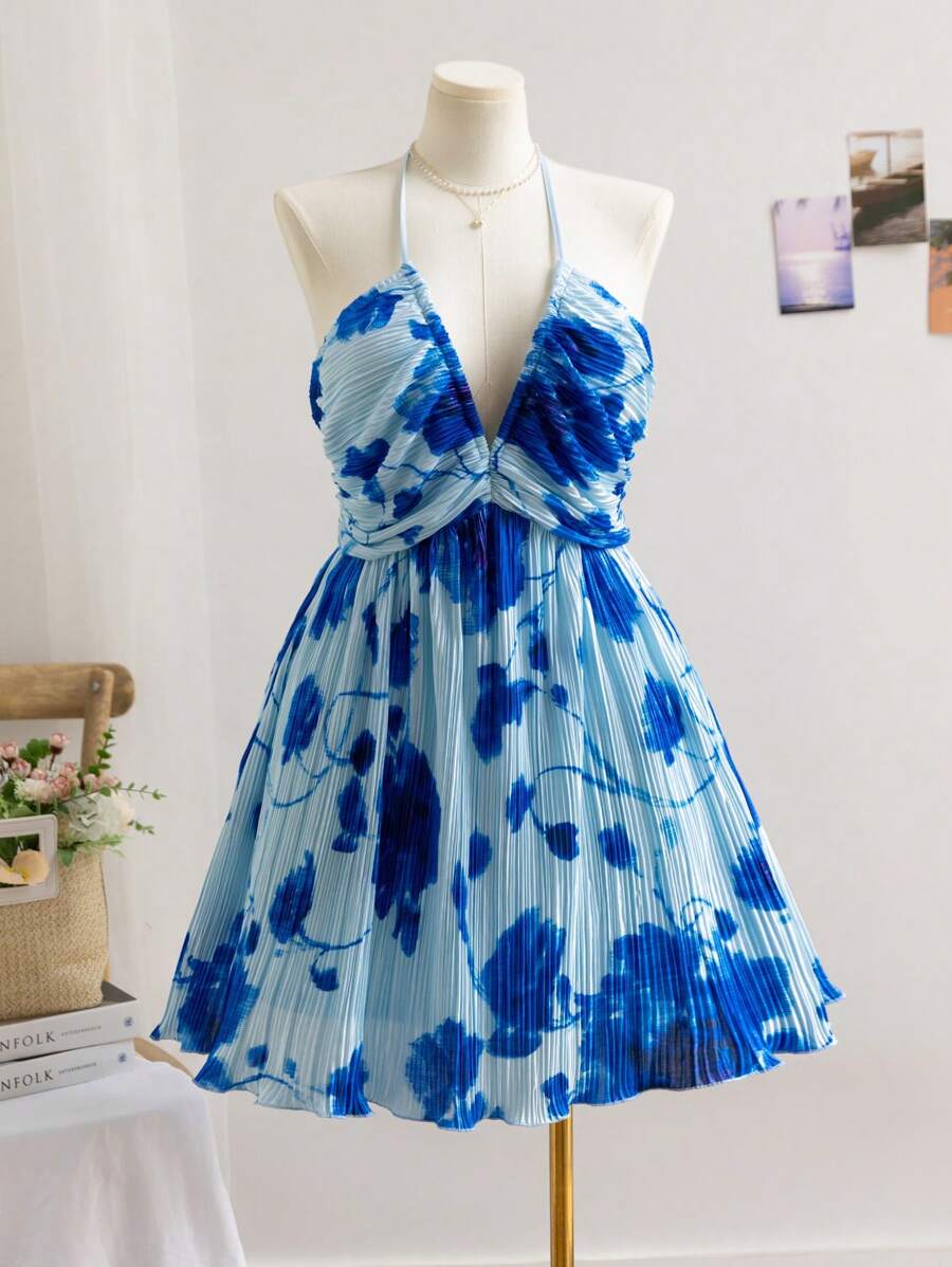 Dreamara 大码女式波西米亚风花卉扎染褶皱挂脖宽松露背中长连衣裙，秋季假期返校，夏季 - 藍色 - 查看 1