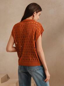 Anewsta 女士优雅度假镂空 V 领无袖针织毛衣 - 橘色 - 查看 6