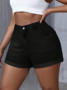 SHEIN SXY Plus Size Plain Denim Shorts, Casual And Fashionable For Everyday Wear - Black - View 3