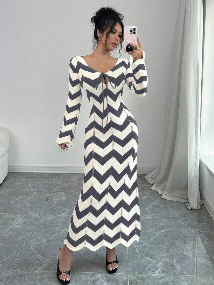 SHEIN Unity 女士条纹系带毛衣裙,简约休闲,适合日常穿着 - 灰色 - 查看 1