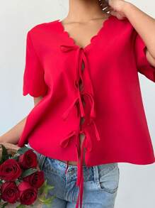 SHEIN Essnce 情人节红色短袖衬衫女春夏宽松休闲前后系带蕾丝衬衫上衣 - 紅色 - 查看 3