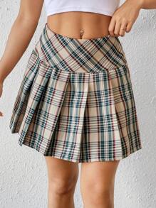 SHEIN Unity 女士格子褶皱简约 A 字裙，休闲日常穿着 - 黃色 - 查看 4