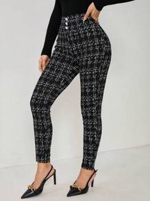 SHEIN PETITE Women's Plaid Button Decor Skinny Fashionable Pants - Black - View 4