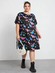 SHEIN CURVE+ Plus Size Summer Colorful Dinosaur Short-Sleeved Dress, Casual Cartoon Pattern Print, Cute