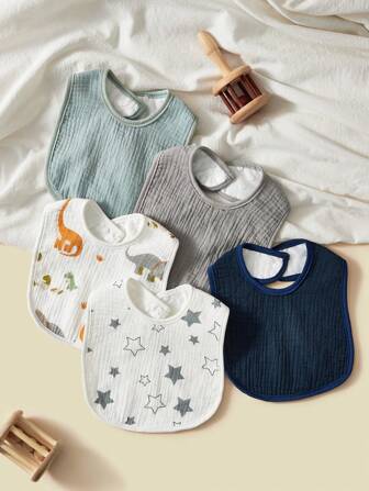 5 件/包 100% 纯棉婴儿 U 型围兜、口水巾、吸水拍嗝巾、恐龙和星星图案，适合男婴