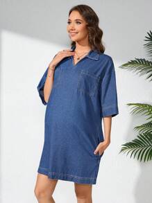 SHEIN Vestido vaquero casual de embarazo de manga corta con cuello vuelto y bolsillos dobles
