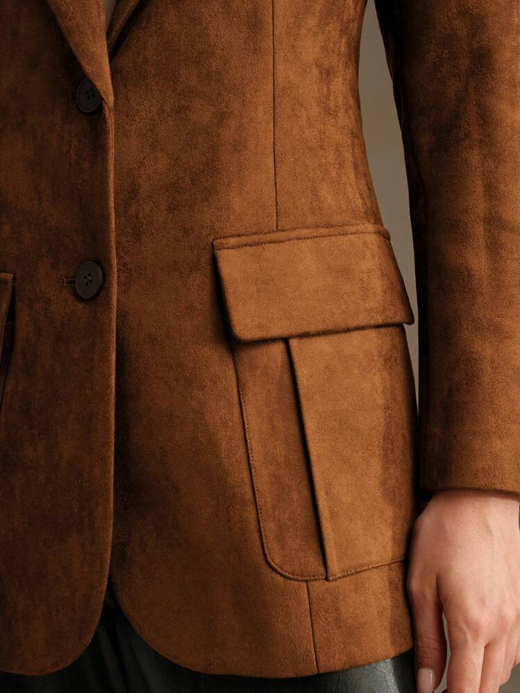 Anewsta Blazer Elegante de Manga Longa com Bolsos Múltiplos em Suede Sintético - Marrom - Visão 6