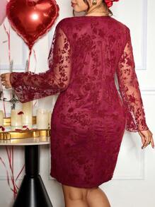 SHEIN Frenchy Váy midi tay loe cổ vuông bó sát màu đỏ Valentine Da YSpring cỡ lớn cho năm mới - Đỏ - Xem 2