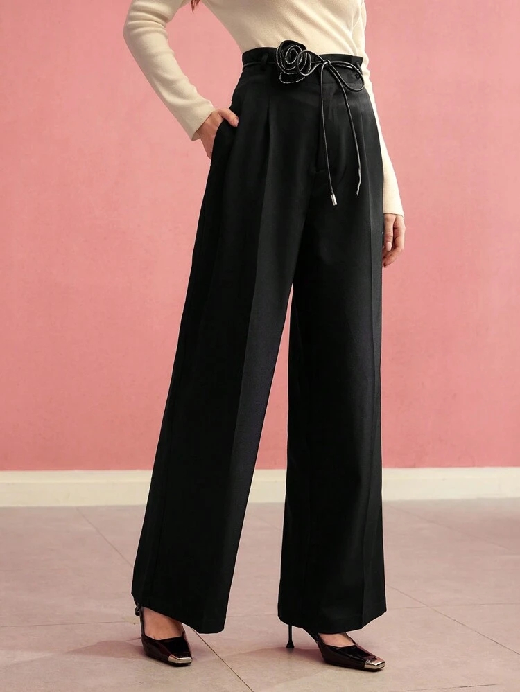 RHINESTONE CHAIN STEREO FLORAL WIDE LEG SUIT PANTS,VALENTINE'S DAY