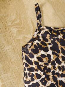 Bộ đồ liền thân thường ngày cho bé gái, quần dài bó bó có gân phong cách gia đình, đen + xám pha + áo liền quần họa tiết da báo - Nhiều màu - Xem 5