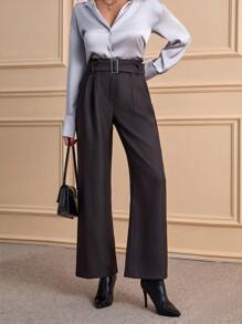 EURMUSE Wool-Like Paper Bag Buckle Belted Wide Leg Women's Pants - Dark Grey - View 4