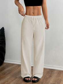 Flirla Petite 女士纯色休闲裤，简约时尚，适合日常穿着 - 杏色 - 查看 1