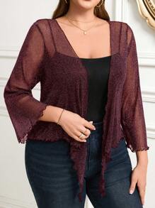 SHEIN Clasi Hollow Laced Front Ruffle Hem Cropped Top With Puff Sleeves, Plus Size Women Carnival - Burgundy - View 6