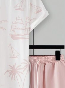 Manfinity RSRT 2pcs/Set Men's Round Neck All Over Print Casual T-Shirt And Shorts Set, Vacation, Cozy Outfits - Multicolor - View 6