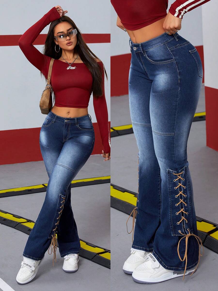 SHEIN ICON Women's Tie Up Elastic Skinny Distressed Flare Jeans - Dark Wash - View 1