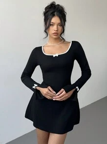 Aloruh Damen Minikleid mit Schleifenbesatz und Langarm - Schwarz - Übersicht 7