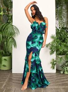 Opulessa 情人节优雅派对礼服女式梭织印花无袖荷叶边下摆连衣裙 - 綠色 - 查看 1