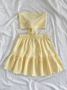 Soleia Conjunto de 2 piezas de top tubo de unicolor y falda casual minimalista para mujer - Amarillo - Ver 2