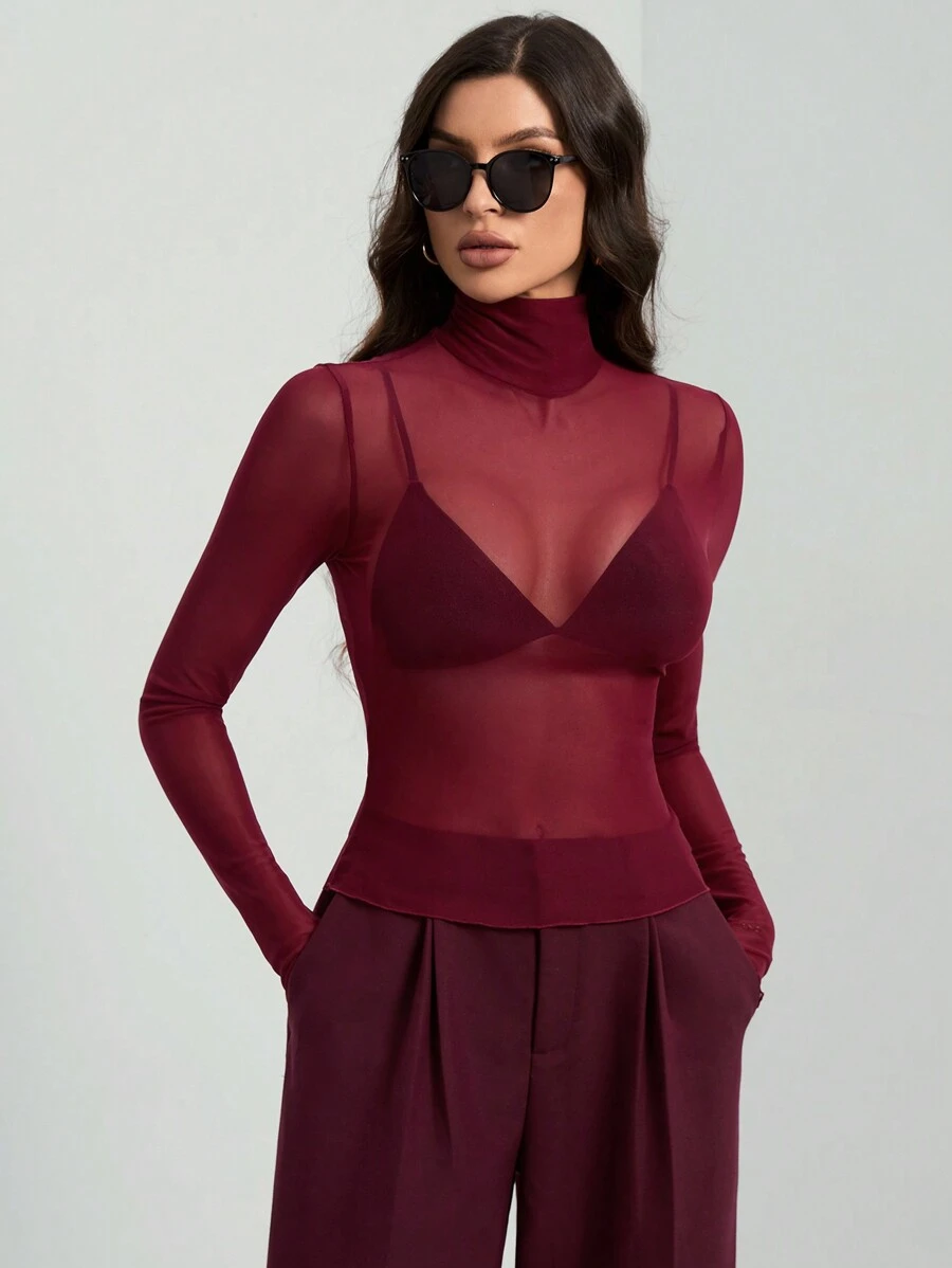 SHEIN Tall Camiseta elegante básica de mujer de color burdeos con malla - Burdeos - Ver 1