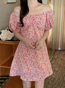 DAZY Women's Floral Print Bubbles Sleeve Short Casual Dress, Pink, Holiday Flower Vacation Beach, Spring/Summer Draped Dress Pink Party Women Dresses, Milkmaid Dress Cruise Outfit For Women Off The Shoulder Boho - Pink - View 5