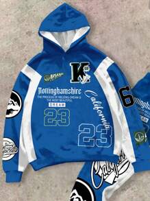 SHEIN Leap Crew Casual Loose Gothic Text, Baseball Culture, Number 23&68, Hip Hop Sport Style 2pcs Outfit - Hoodie With City Name Graphic Print & Pants For Teen Boys - Multicolor - View 3