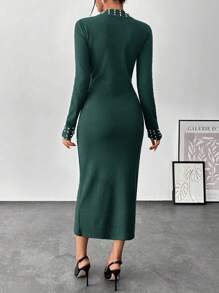 EURMUSE PEARL DETAIL LONG BLACK ELEGANT DRESS - Dark Green - View 2
