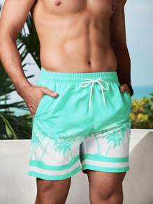 Surfspeed 男式抽绳腰部棕榈树印花口袋沙滩短裤 - 薄荷綠 - 查看 3