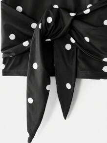 SHEIN Women Polka Dot Print Round Neck Short Sleeve Knotted Waist Casual T-Shirt - Black and White - View 5