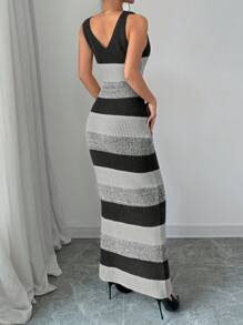 Elenzga Damen gestreiftes gestricktes ärmelloses figurbetontes Kleid