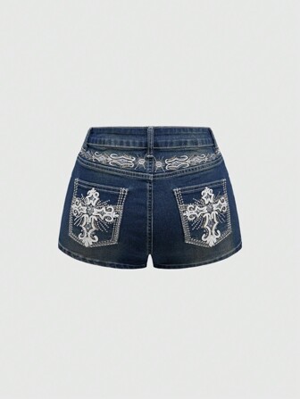 Grunge Punk Shorts vaqueros ajustados para mujeres con bordado de cruz y alas, estilo vintage Y2K 'Trash Punk' sexy con bolsillos, botón y cremallera de cintura baja y pierna acampanada, color azul marino, para uso casual diario en primavera/otoño