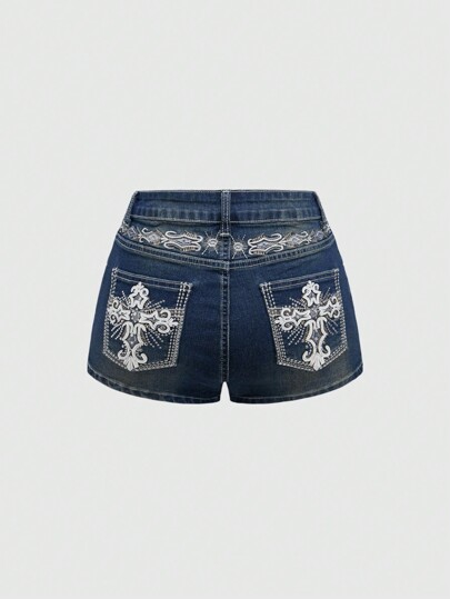 Grunge Punk Pantaloncini di jeans attillati da donna con ricamo di ali a croce stile Trash Punk Y2K vintage, con bottoni, tasche e chiusura lampo in vita bassa e gambe a zampa, colore blu navy, adatti per primavera/autunno, uso casual quotidiano