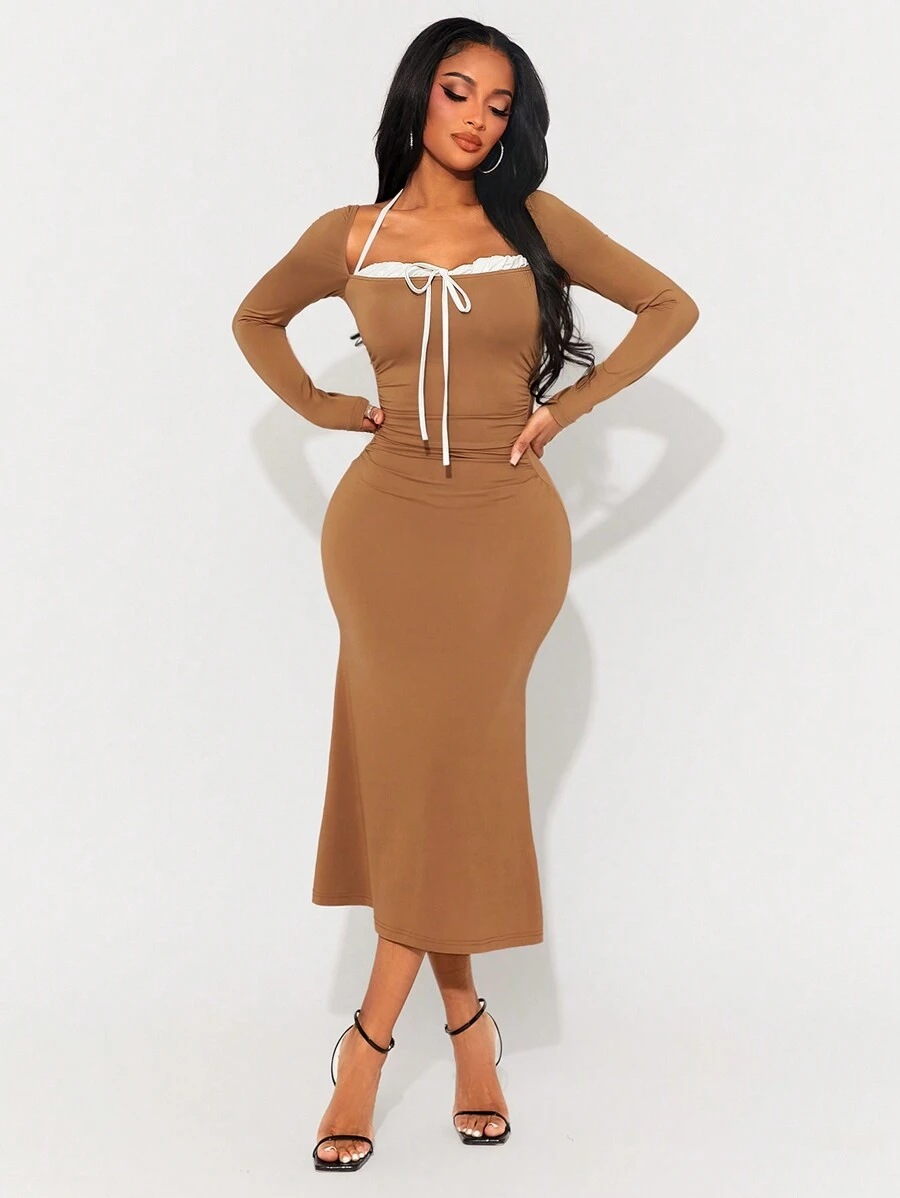SHEIN SXY Casual Khaki Square Neck/Off-Shoulder 2-In-1 Long Sleeve ...