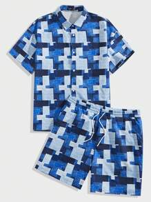 EASEVO Plus Size Men Loose Woven Shirt And Shorts Set