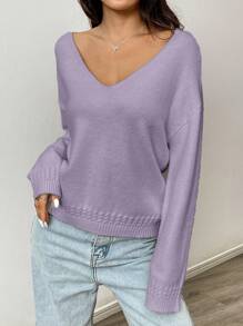 Flirla 女士休闲纯色落肩宽松针织套头毛衣，秋冬针织套头衫 - 紫色 - 查看 4