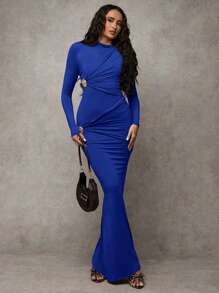 SHEIN BAE Đầm Maxi Ôm Dáng Thanh Lịch Cổ Đứng Màu Trơn Cho Nữ Tay Dài Xếp Ly Trang Trí Kim Loại, Đầm, Đầm Dài Thu Đông, Đầm Dự Tiệc Cho Nữ - Xanh đậm - Xem 4
