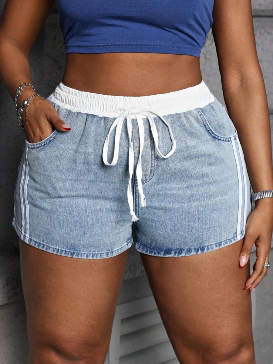 SHEIN SXY Short en jean grande taille, coupe ample, surpiqûres