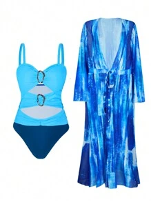 Swim Oasis Conjunto de 2 piezas para mujer talla grande - Traje de baño de una sola pieza con recorte calado de 3 capas, decoración metálica y contraste de color azul, con bata holgada de manga larga para cubrir, cómodo y de alta gama para el verano
