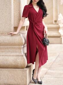 DAZY Women's Solid Color Twist Cut-Out Shirt Midi Dress Sundress Red Women Dresses Christmas - Red - View 8