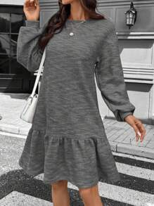 SHEIN LUNE Women Casual Waffle Crew Neck Ruffle Trim Long Sleeve Dress Business Casual Woman