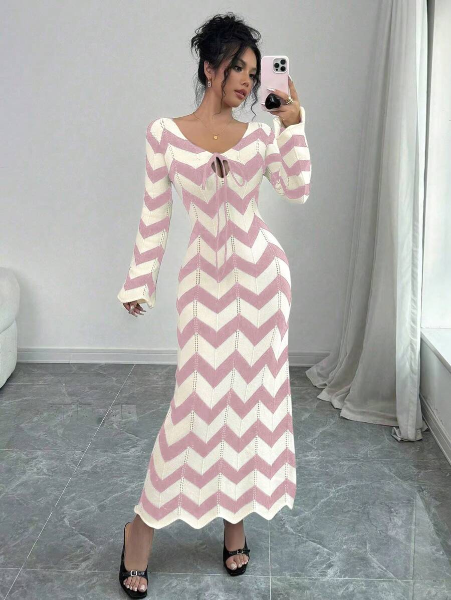 Chiquease Robe pull à lacets rayée pour femmes, décontractée et à la mode pour une utilisation quotidienne - Rose bonbon - Voir 1