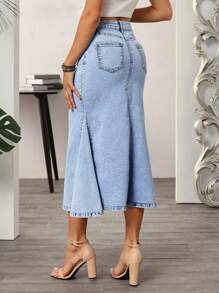 SHEIN LUNE Gonna di jeans casual da donna con orlo a sirena e spacchi, lavata