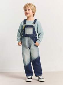 SHEIN Body y mono de mezclilla azul, blanca y naranja con patrón bordado y diseño de parchwork casual para niños pequeños - Azul - Ver 1