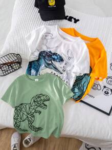 SHEIN Leap Crew 3 件/套买 1 送 2 男孩可爱恐龙图案圆领短袖 T 恤，时尚夏装适合户外玩耍、街头摄影、派对、城市漫步