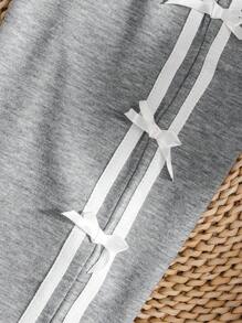 SHEIN Girls Young Girl Casual Comfortable Knitted Solid Color Splicing Herringbone Side Ribbon Bow Decor Pants - Light Grey - View 8