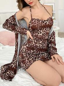 2pcs Women Sexy Leopard Print Nightgown With Robe Sleepwear Set - Multicolor - View 4