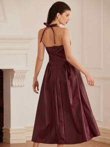 Aveloria Rosie Elegant & Charming Sexy Angola Red PU Halter Tie Waist Ruched Burgundy Dress For Women