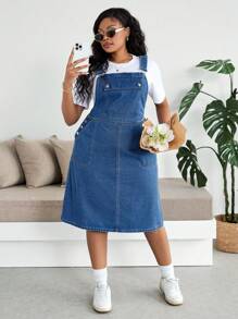 SHEIN Essnce 大码牛仔连身裙，休闲及膝连身裙，海军蓝