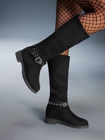 Cuccoo CUCCOO GRLICON Women's Flat Toe Round Toe Black Vintage Suede Ruched Slouch Boots With Metal Buckle, Slimming Long Shaft Boots