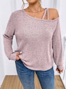 SHEIN LUNE Plus Size Women's Dusty Pink Autumn Asymmetric Neckline Ribbed T-Shirt,Smart Casual Everyday Elegant Pullover, Valentine's Day Warm Top - Dusty Pink - View 1